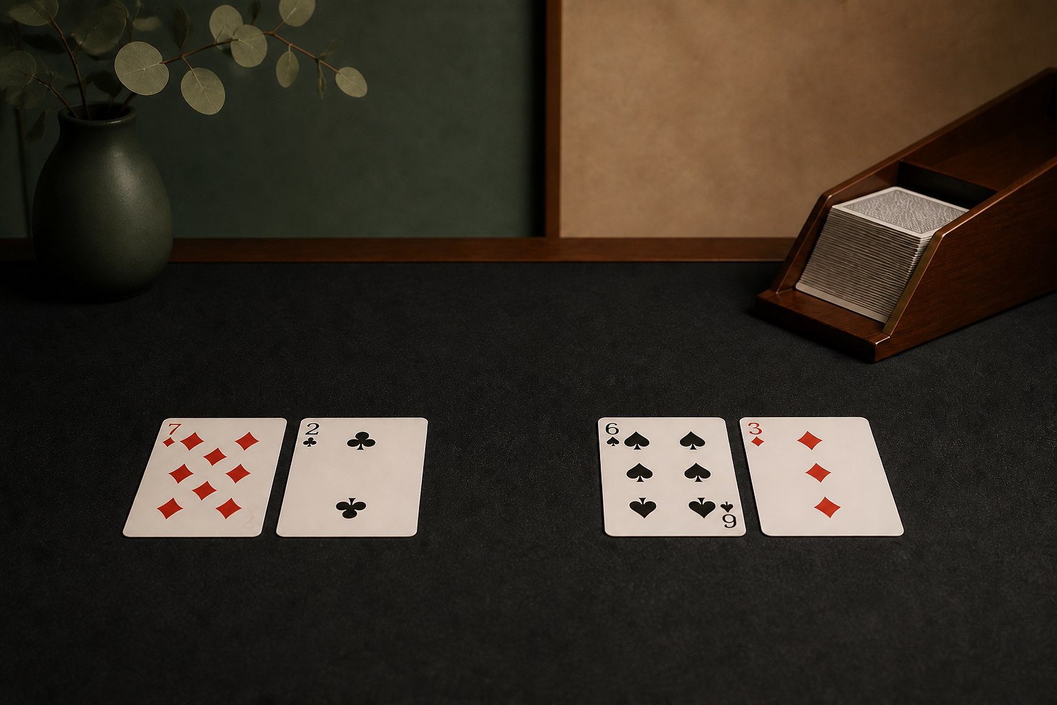 Two baccarat card hands and a wooden dealing shoe