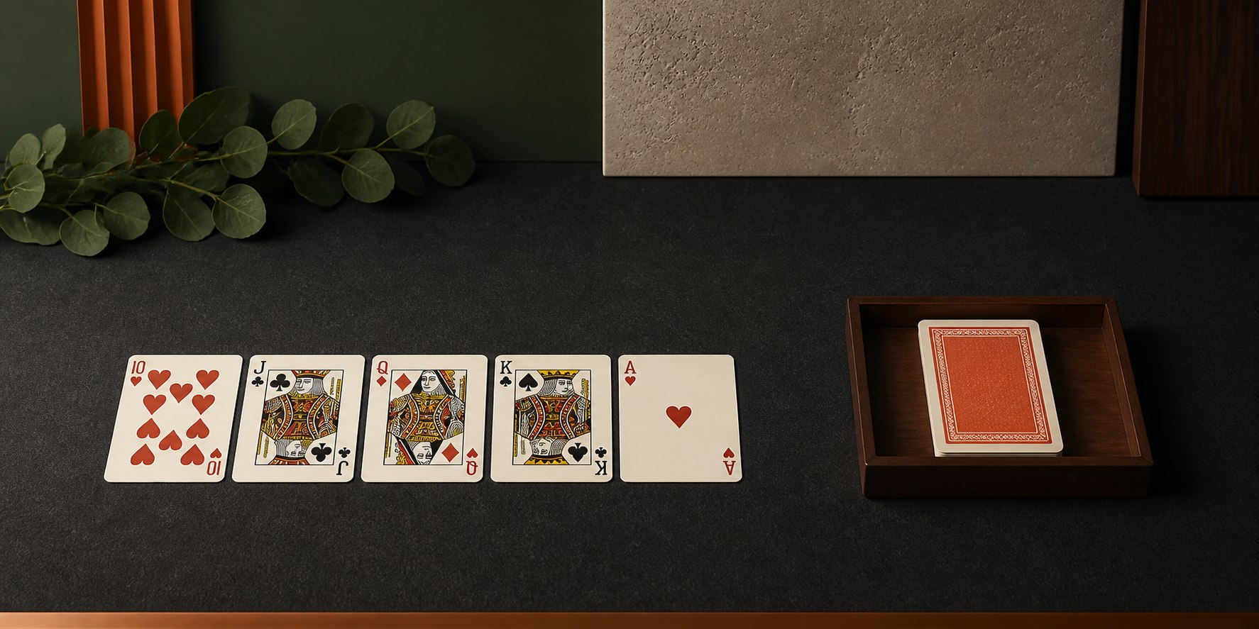 Five-card poker hand beside a face-down dealer deck