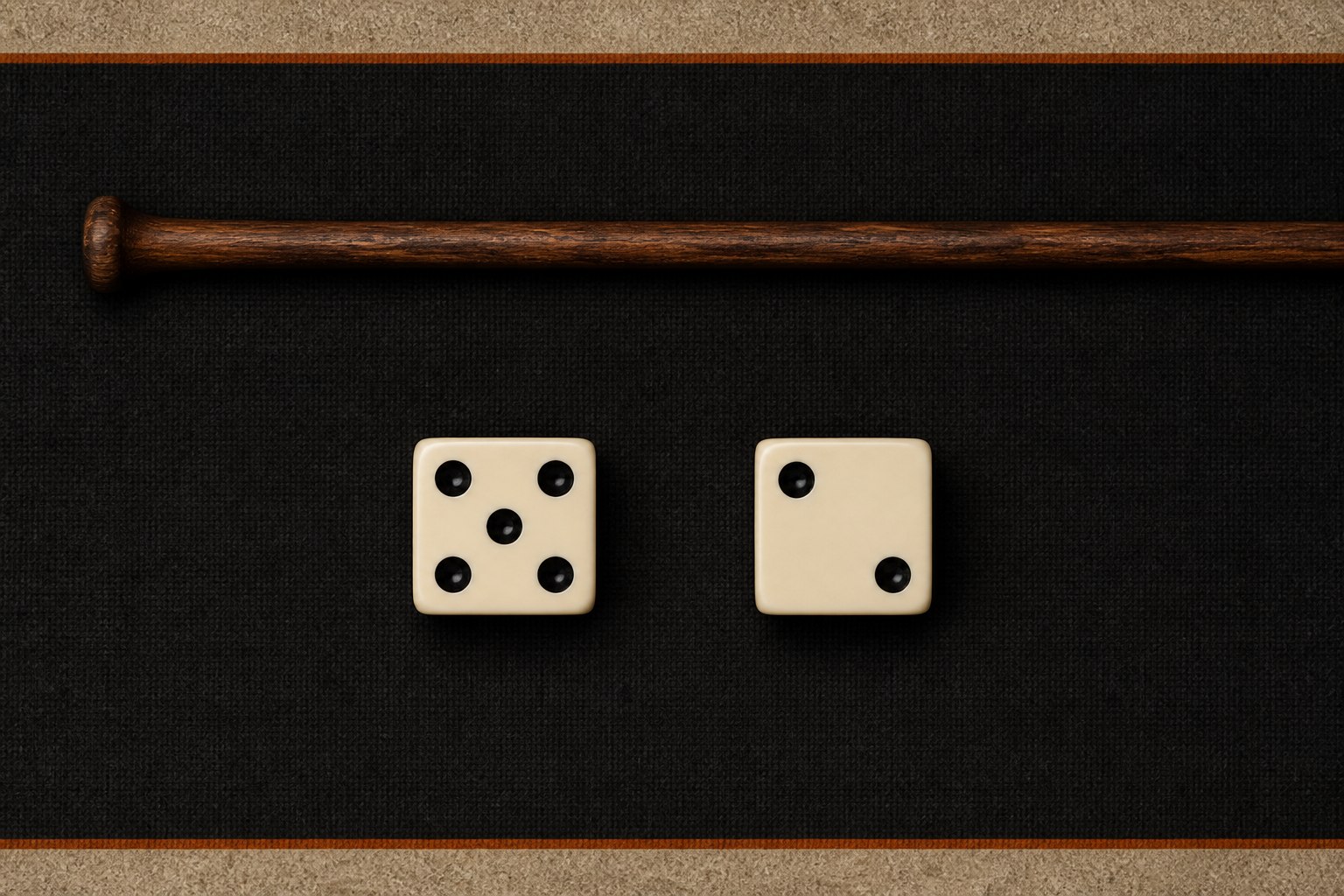 Two dice viewed from above on a dark craps table