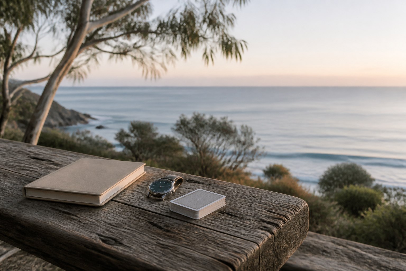 A closed notebook, watch and face-down cards on a coastal lookout bench
